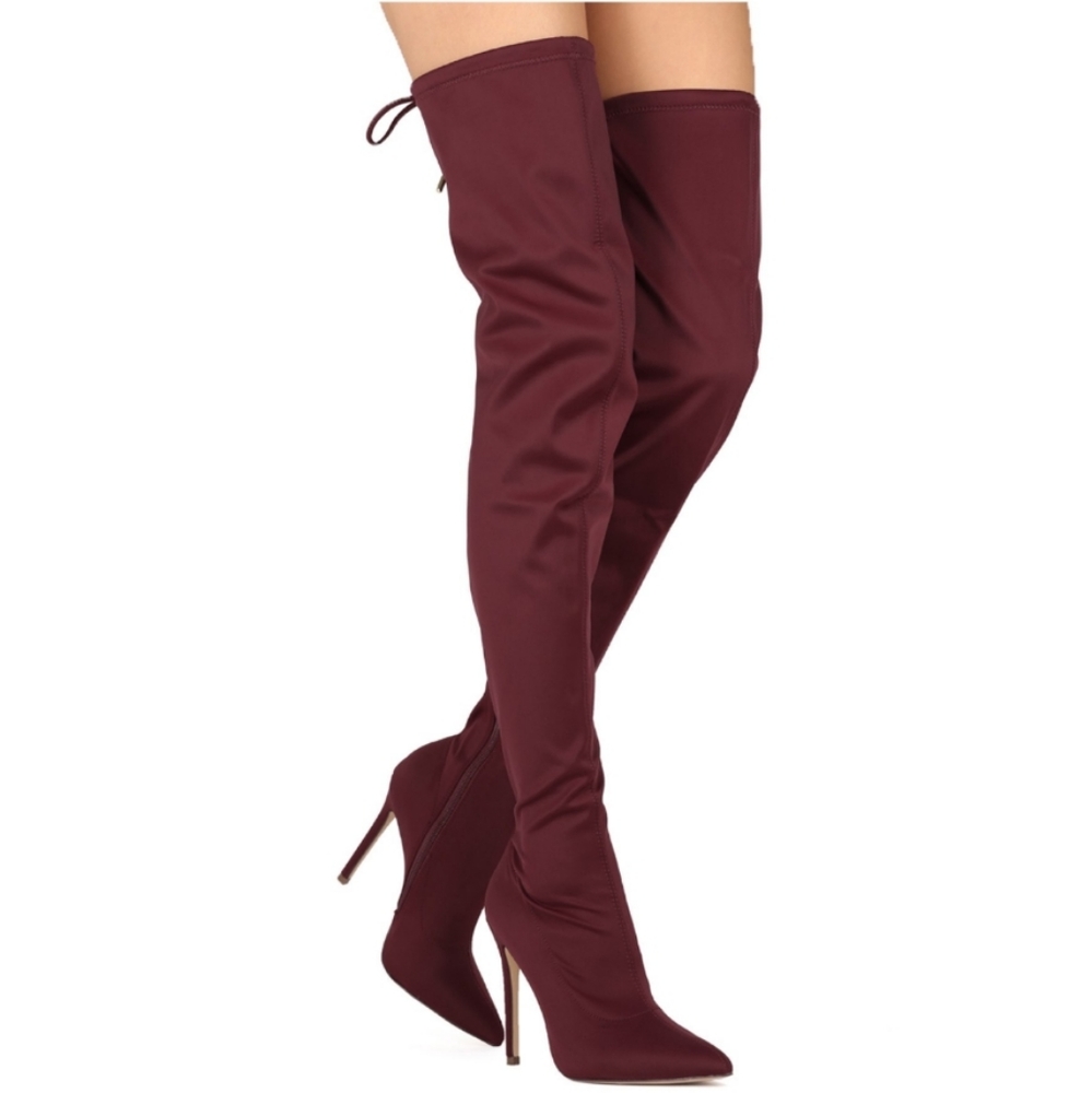 Liliana Over The Knee Boot Pointed Toe 4.5 Inch Stilletto Red Faux Suede